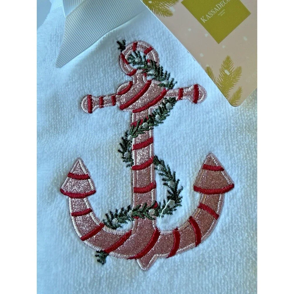 Kassa Decor Christmas White Hand Towels Set of 2 Pink Anchor Embroidered
